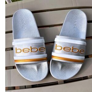 Bebe Silver Slides Sandals Women's Casual‎ Slip On Logo Comfort Size 8 NWOT